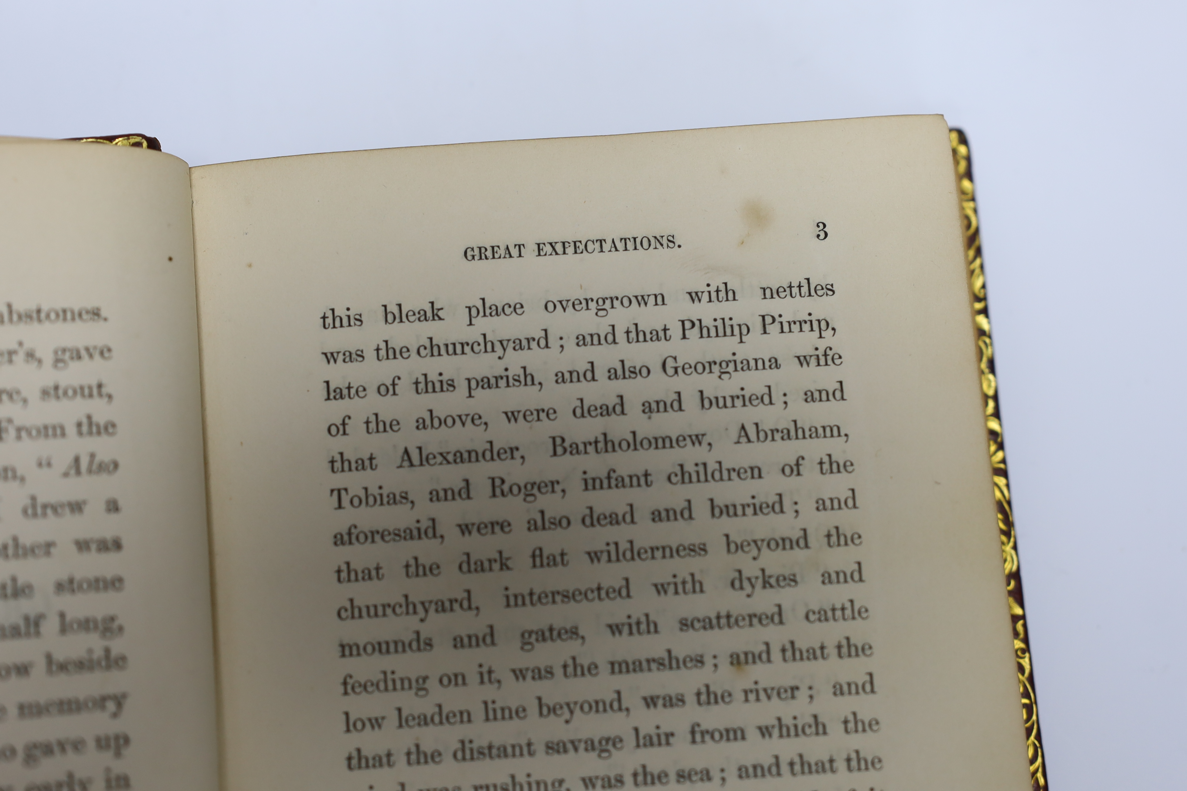 Dickens, Charles - Great Expectations, 3 vols, 1st edition in book form, 1st issue with no edition statements on title-page, crown 8vo (187 x 115mm.), in fine mid 20th century gilt-ruled red levant morocco bindings, gilt